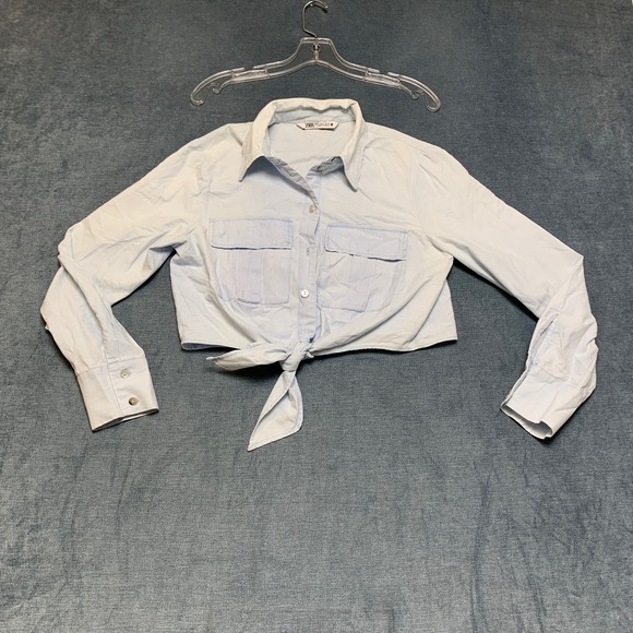 Zara Tops - Zara Cropped Shirt Womens Small Light Blue Tie Front Utility Pockets Minimalist